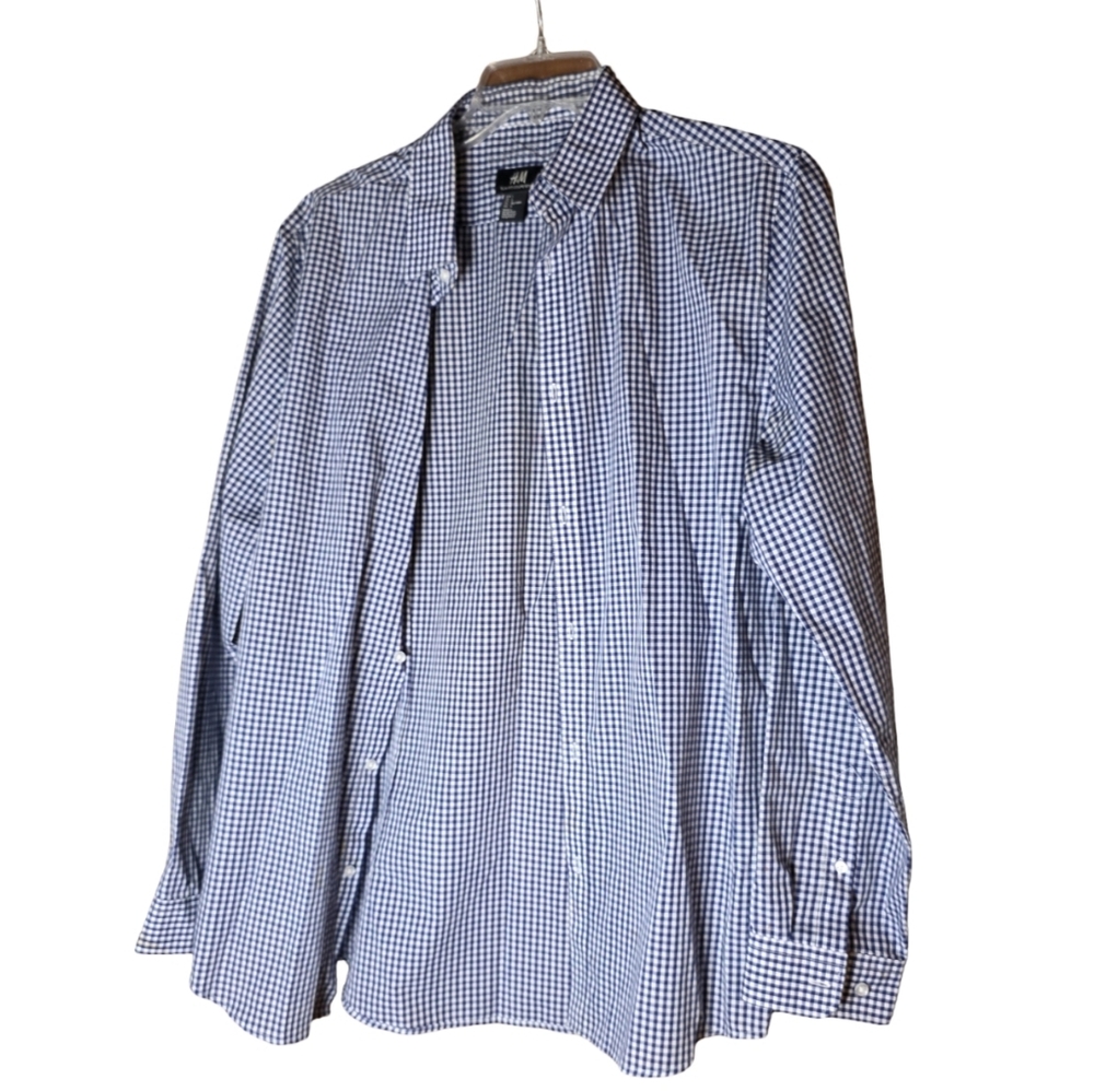 H&M Slim Fit Blue Gingham Button-Down Shirt Size L